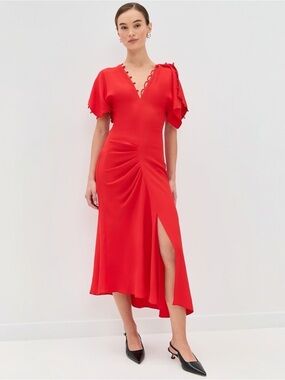 Victoria Beckham Women’s Short Flutter Sleeve Draped Asymmetric Midi Dress NEW